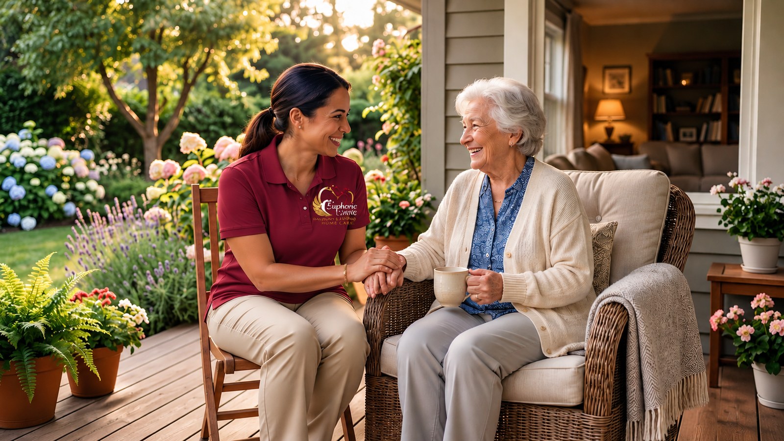 Caregiver in an Euphoric Living uniform sharing a warm moment with a senior on a garden porch