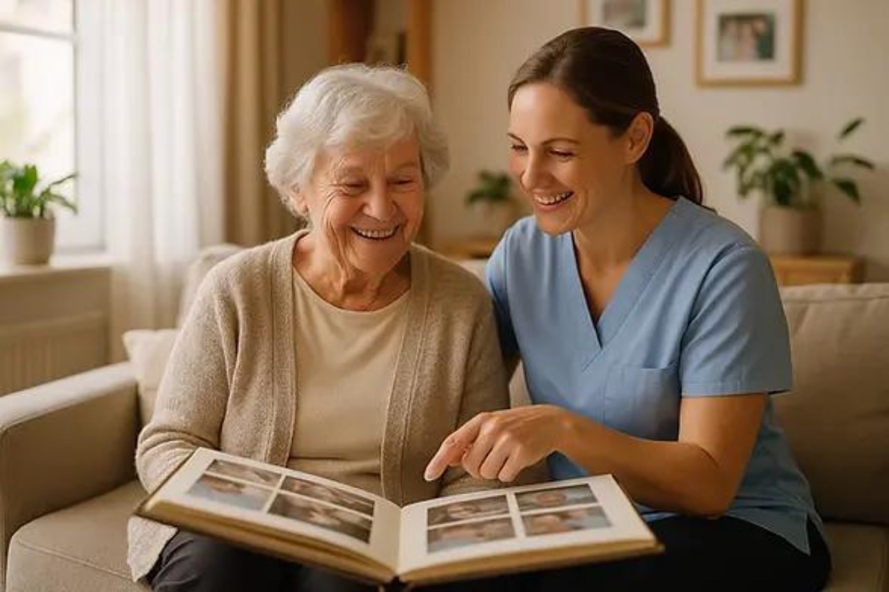 Caregiver and senior looking through a photo album