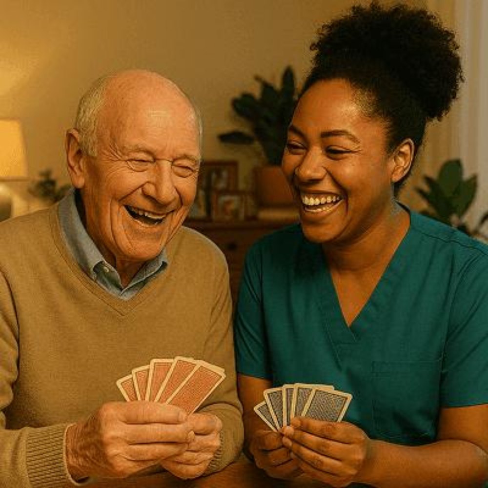 Caregiver and senior enjoying companionship