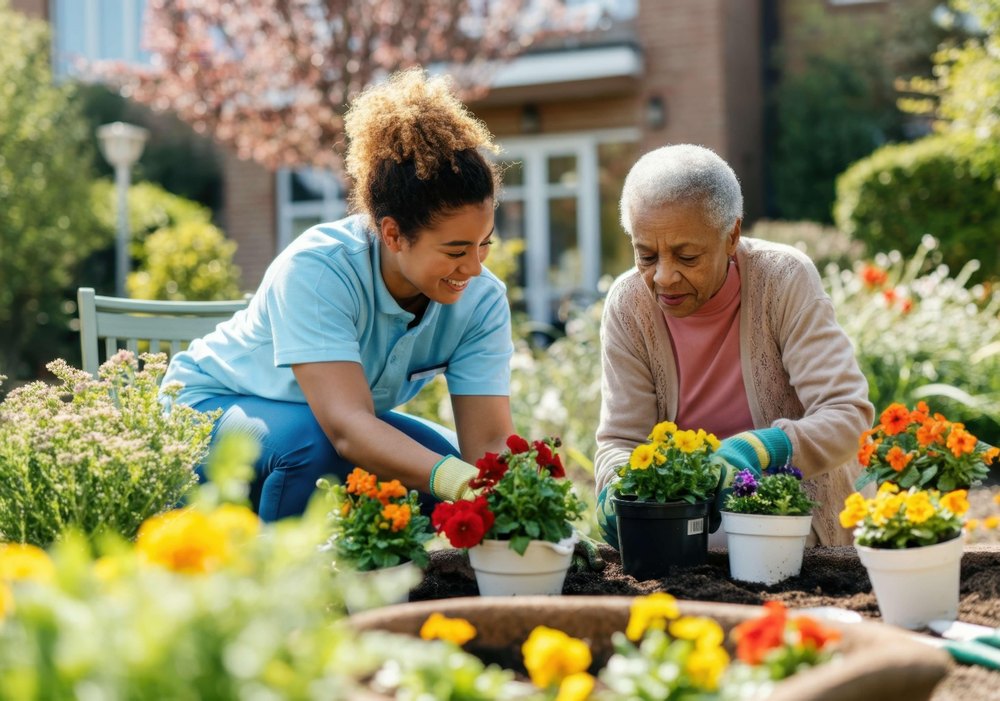 Caregiver and senior sharing a confident moment