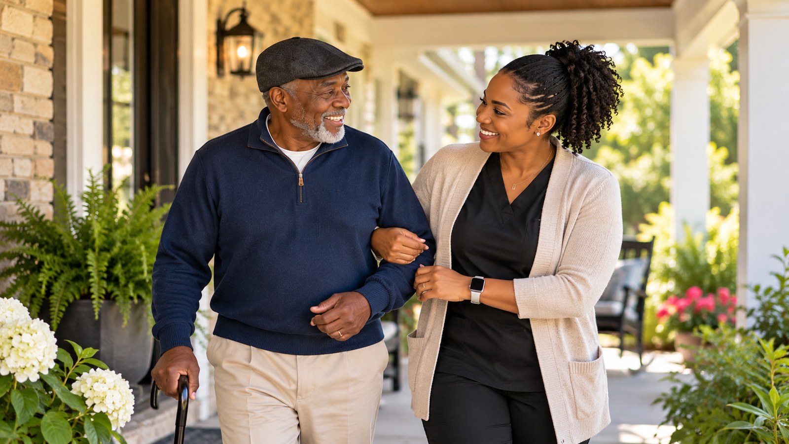 Caregiver and a senior man walking arm in arm and smiling on a front porch