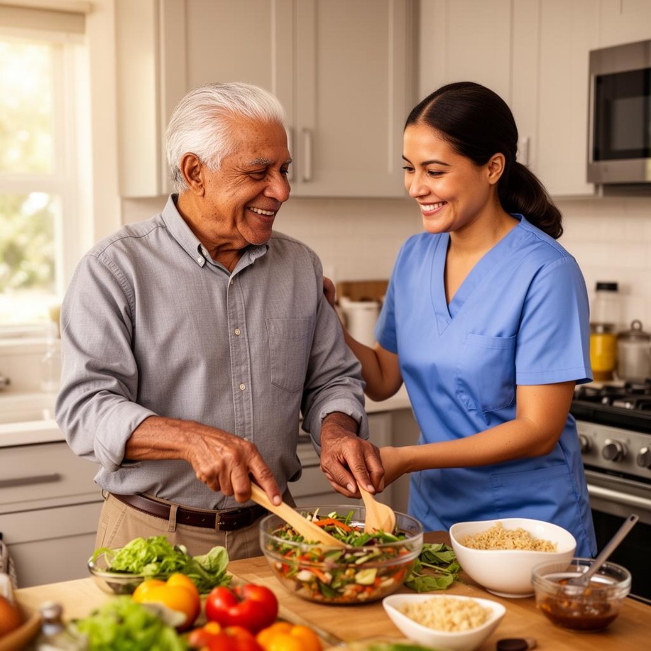 Preparing a meal together in a bright kitchen