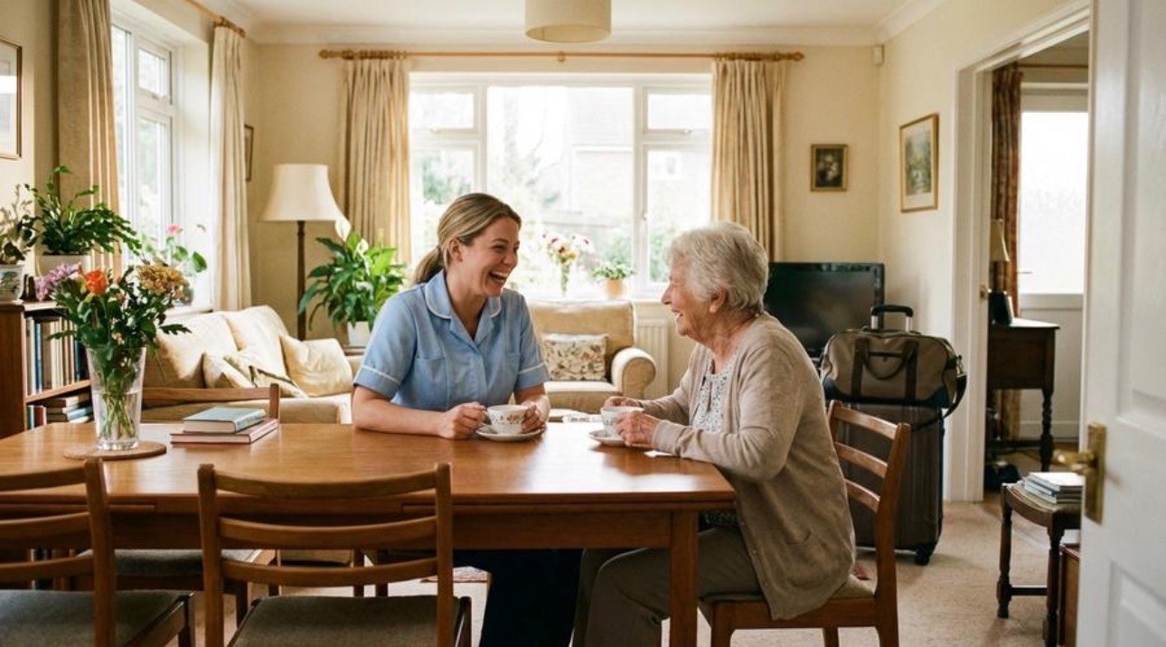 Caregiver and senior sharing tea and laughter